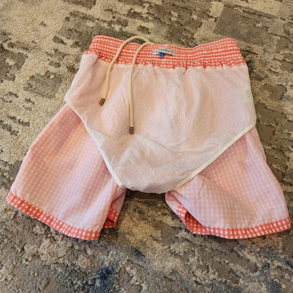 Solid & Striped classic coral Orange/White gingham swim trunks. Men's size small - Picture 5 of 15